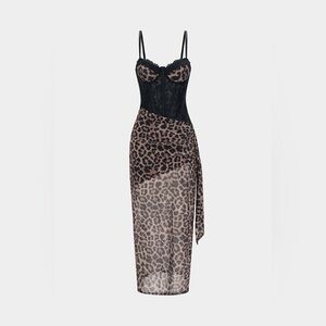 Leopard Print Bustier Lace Slip Sleeveless Maxi Dress L MC5